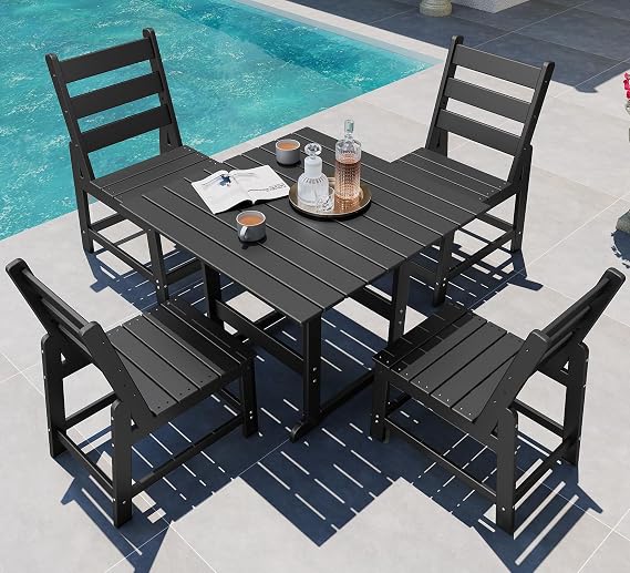 GREENVINES 5-Piece-Outdoor-Dining-Set | HDPE | Square | Patio Furniture | All Weather | Armless Chair | Slatted Table and Chairs Sets for 4 | for Backyard Poolside Garden | Black
