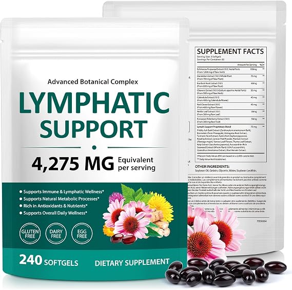 Lymph System Support Supplement 240 Softgels- 21-in-1 Herbal Blend Lymphatic Supplement with Dandelion, Burdock Root - Support Immune & Healthy Energy Levels, Promotes Internal Circulation
