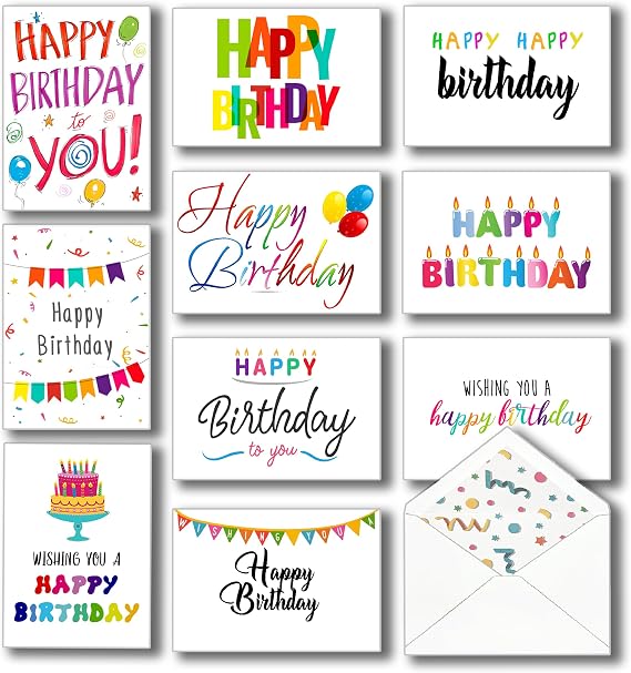 100 Happy Birthday Cards Bulk, Large 5x7 Inch Assorted, with Envelopes,Stickers and Simple Greetings Inside for Office, Business and Personal Use, 10 Designs, Thick Cardstock