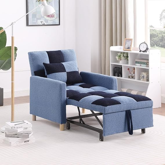 Convertible Sleeper Sofa Chair Bed,3-in-1 Sleeper Chair Bed with Pillow,Pull Out Single Armchair Sofa Bed with Adjustable Backrest, Multi-Functiona Lounge Chair for Living Room (Blue)