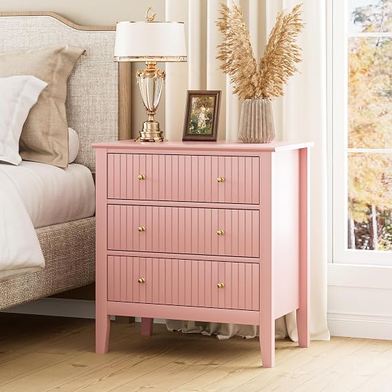 Large Bedside Table Bedroom, 3 Drawer Chest of Drawers, Bedside Cabinet With Metal Handles,for Bedroom Livingroom,Hallway,Pink
