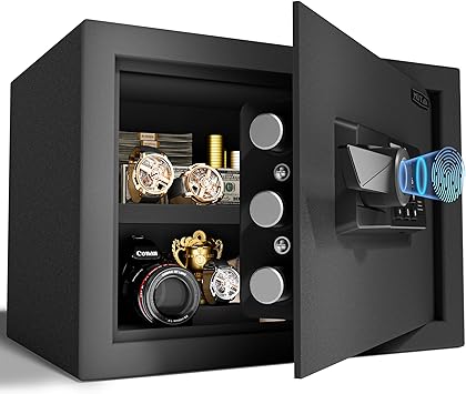 1.0 Cub Biometric Safe Box with Fireproof Bag, Quick-Access Fingerprint Safe with Keys, Digital Keyboard, Type-C Port, Dual Alarm System Safety Box for Home, Office, Hotel Use(Black)