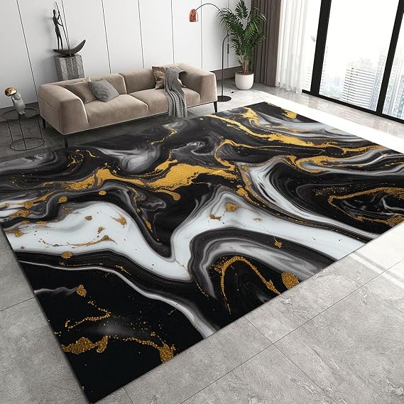 Black and Gold Rugs for Living Room 5x7 Feet Abstract Black Marble Area Rug Non Slip Washable Doormat Modern Carpet Floor Mat for Bedroom Dining Room Kitchen Laundry Classroom