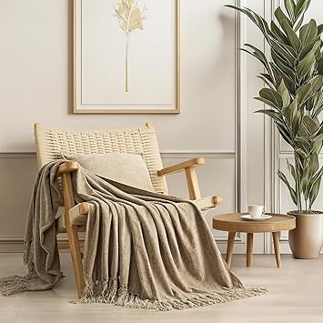 EverGrace Soft Chenille Throw Blanket for Couch, Cozy Plush Fuzzy Decorative Chenille Knit Throw Blanket with Tassels, Lightweight Blanket and Throws for Bed Sofa Gift Home Decor, Beige 50"x60"