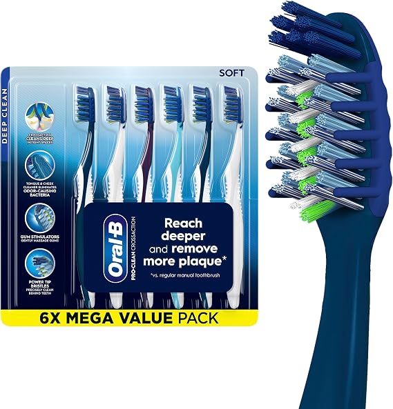Oral-B Pro Clean CrossAction Manual Toothbrush, 6- Pack, Medium Soft Bristle Brushes for Adults, Deep Plaque Removal, Daily Gum Health and Fresh Breath, Travel Toiletries
