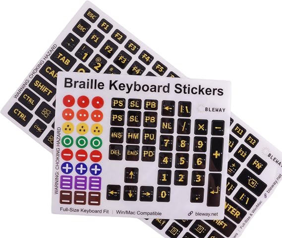 Braille Keyboard Stickers, Black Yellow Large Bold Letters, Raised Tactile Braille for Win/Mac Full Size Keyboard, Low Vision Visually Impaired Aid