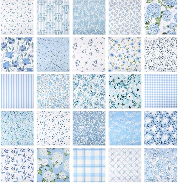 Yoosso 25 Pcs Blue Fat Quarters Fabric Bundles, 25 x 25 cm Cotton Fabric Bundles for Quilting Projects, Soft Natural Material for Sewing, DIY Crafts, Patchwork, Home Decor, Patchwork