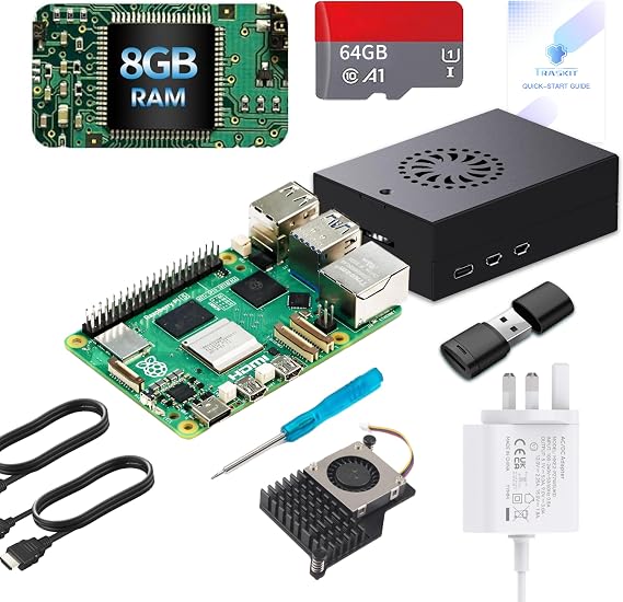 TRASKIT Starter Kit for Raspberry Pi 5 8GB RAM, 64GB SD Card pre-Loaded with 64-bit Pi OS