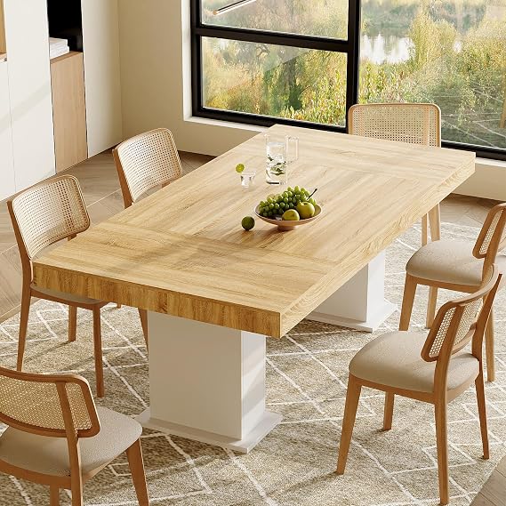 Timechee Modern Dinner Table for 6-8 People, 78.7" Long Rustic Rectangular Kitchen Dining Table, Large Conference Desk Tables with Sturdy Base, Kitchen and Dining Room Furniture, Natural & White
