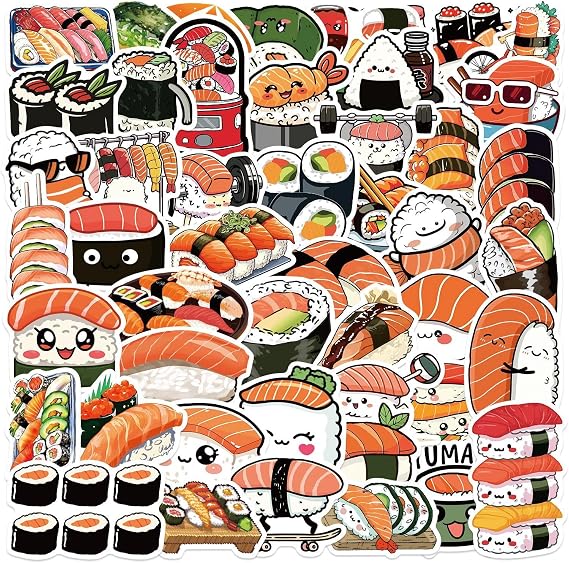 50 Pcs Sushi Stickers for Children Teens Girls Boys,Cute Style Stickers for Bicycle,Skateboard,Laptop Water Bottles,Computer,Waterproof Vinyl for Wall,Graffiti Stickers