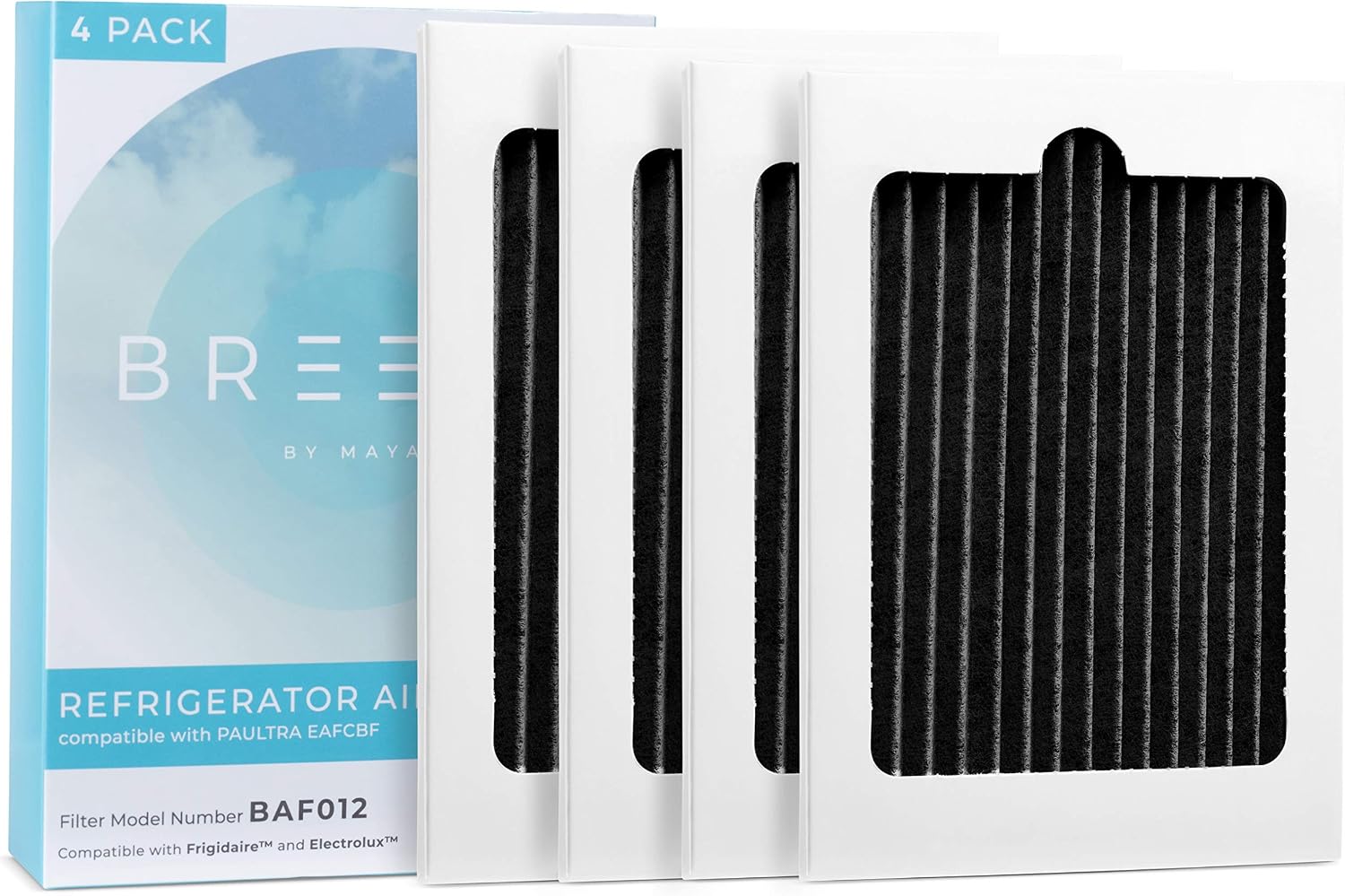 Breeze by MAYA Paultra Refrigerator Air Filter Replacement for Frigidaire and Electrolux EAFCBF, Compatible with Paultra, PureAir Ultra, 242061001, 241754001 - 4 Pack Air filter by MAYA