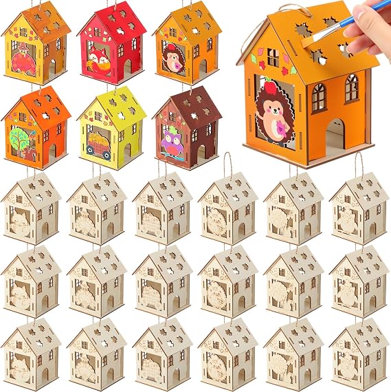 DoubleFill 24 Pcs Wooden House Craft Kits Fall Unfinished Thanksgiving