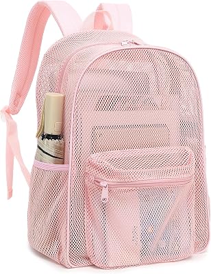 Kouxunt Heavy Duty Mesh Backpack, See Through Backpack for School Working Travel Beach Pink