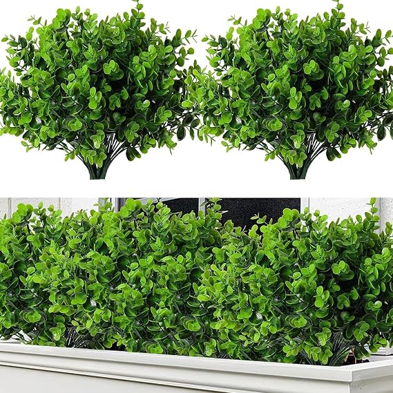 RECUTMS 8 Bundles Artificial Eucalyptus Greenery Plants Stems 13In Green | Plastic Boxwood Shrubs Branches,No Maintenance,Long-last,Outdoor Planter Vase Centerpiece Farmhouse Home Garden Wedding Decor