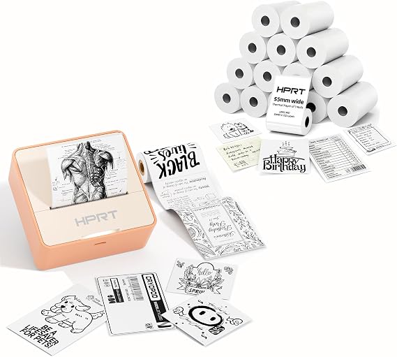 HPRT S2 Mini Sticker Maker, Portable Label Printer with 1 Roll Sticker Paper, Ideal for Study Notes, Text, Sticker, Memo, Checklist, DIY, +57mm Width Thermal Sticker Paper (White)*15 Rolls