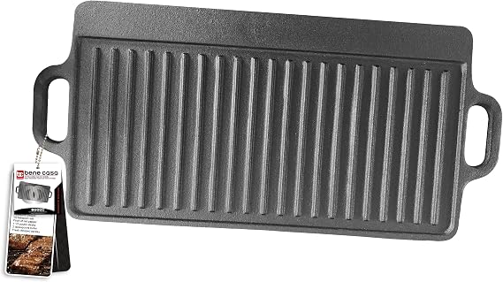Bene Casa Reversible Cast-Iron Griddle | 20"x9"x1.5" Double Burner Pan | Flat & Ridged Surfaces for Versatile Cooking | Ideal for Stovetop, Oven, Campfire | Durable with Easy-Grip Handles