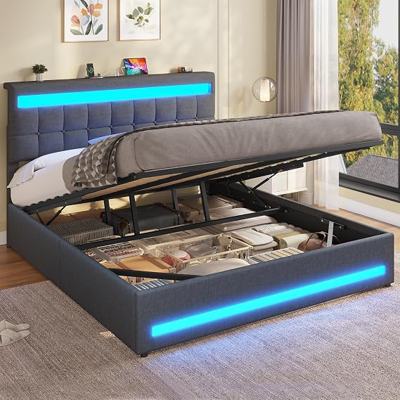 AOGLLATI Upholstered Double Bed 180 x 200 cm with LED and Charging Function Hydraulic Storage Bed with Height-Adjustable Headboard Bed 180 x 200 cm with Bed Box and Slatted Frame Linen Dark Grey