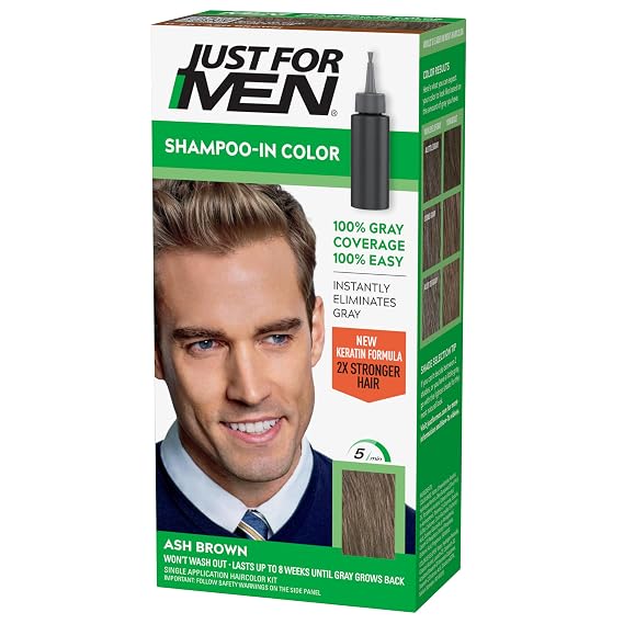Just For Men Shampoo-In Color (Formerly Original Formula), Mens Hair Color with Keratin and Vitamin E for Stronger Hair - Ash Brown, H-20, Pack of 1