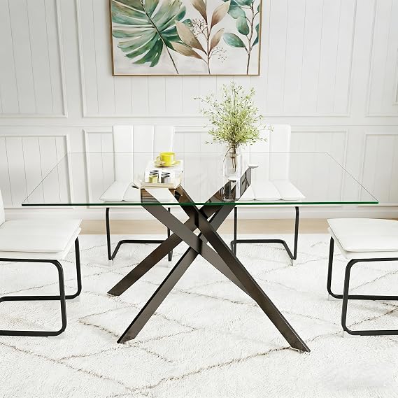 51.18" Rectangular Glass Dining Table, Tempered Glass Small Kitchen Table with Metal Tubular Legs, Stylish and Sturdy Clear Dinner Table for Home and Outdoor