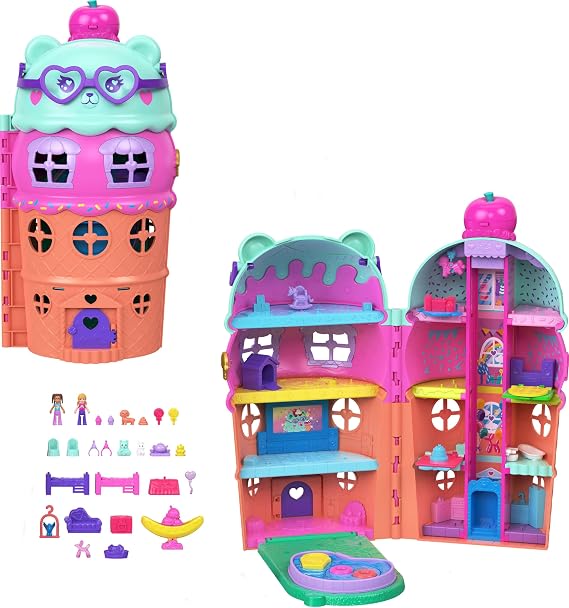 Polly Pocket Large Gelato House Compact Playset | Ice Cream Bear Theme, 2 Micro Dolls, 25+ Accessories including Furniture, Food, Pets, Ages 4+