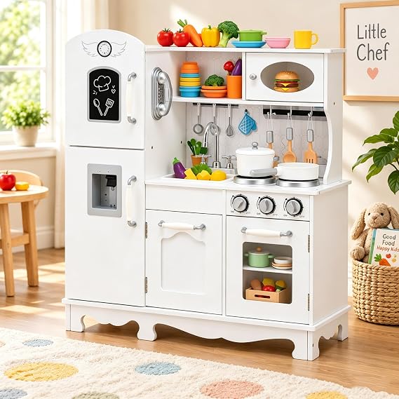 Costzon Kids Kitchen Playset, Wooden Toddlers Toy Kitchen with Light & Sound, Microwave, Ice Maker, Oven, Sink & Faucet, Cooking Accessories, Pretend Play Kitchen, Gift for Boys Girls Age 3+