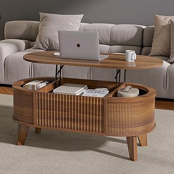 LYNCOHOME Fluted Lift Top Coffee Table with Storage,Modern Oval Coffee Table for Living Room or Home OfficeWalnut