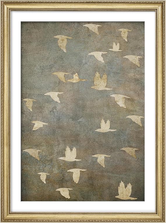 MUDECOR Premium Framed Wall Art Golden Birds in Flight Illustrations Impressionism Scenic Colorful for Living Room, Bedroom, Office - 26"x36" Gold