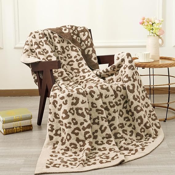 PHF Chenille Leopard Throw Blanket, Soft Knit Fluffy Reversible Aestheic Blanket, Cozy Lightweight Cheetah Fleece Blanket for Couch Bed Sofa, Brown, 50" x 60"