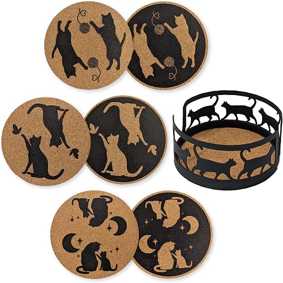 Mango Steam Set of Six Cat Cork Coasters with Decorative Cork Holder, Black