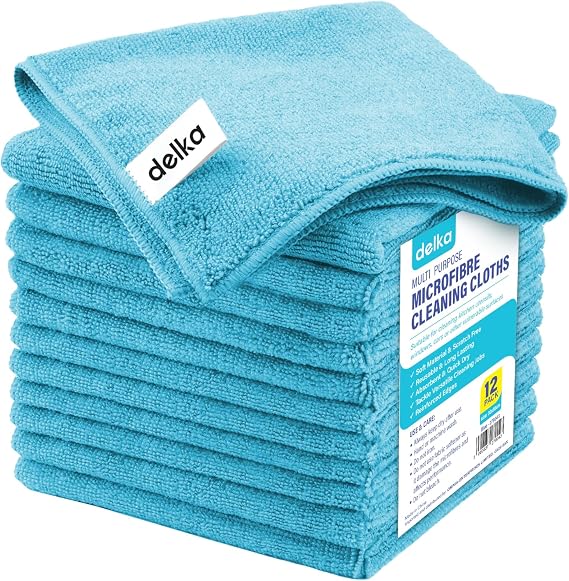 delka Microfibre Cleaning Cloths –Multi-Purpose, Ultra Soft & Lint-Free –Reusable, Streak-Free for Kitchen, Car, Glass, Windows & Electronics (Blue)