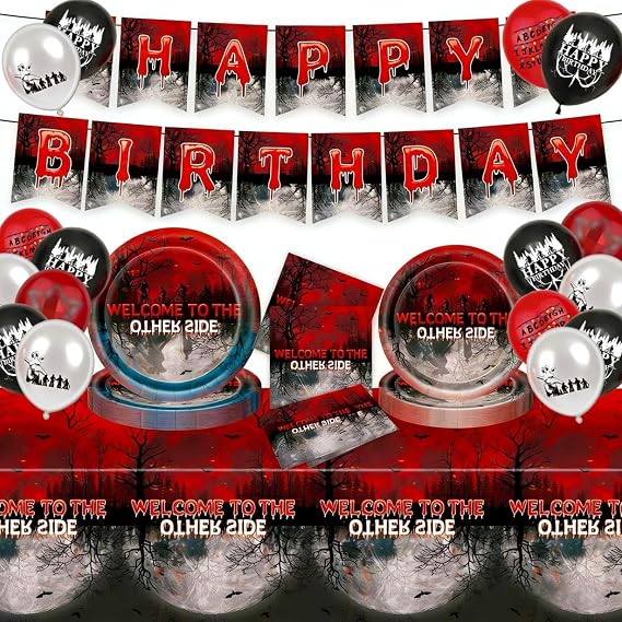 Stranger Birthday Balloons Party Plates and Napkins,Happy Birthday Banner,Stranger Party Decorations for Funny Spooky Theme Tableware Favours (1)