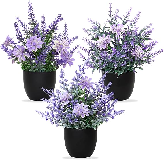 Betylifoy Artificial Potted Plants Lavender Mini 3PCS Small Fake Plants | Greenery Indoor Decor Eucalyptus Plant Faux Plastic Plants for Office Home Bedroom Living Room Bathroom Desk