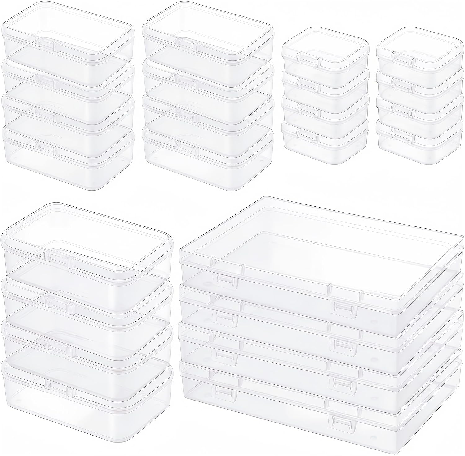 LJY Pack of 24 Plastic Storage Boxes with Lids (4 Sizes Set) - Rectangular Sorting Boxes for Craft Accessories Diamond Painting Beads & Hardware Empty (Clear)