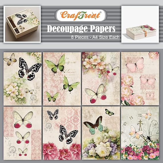 CrafTreat Floral decoupage paper for furniture - Decorative Flowers 2 -Size: A4 (8.3 x 11.7 Inch) 8 Pcs
