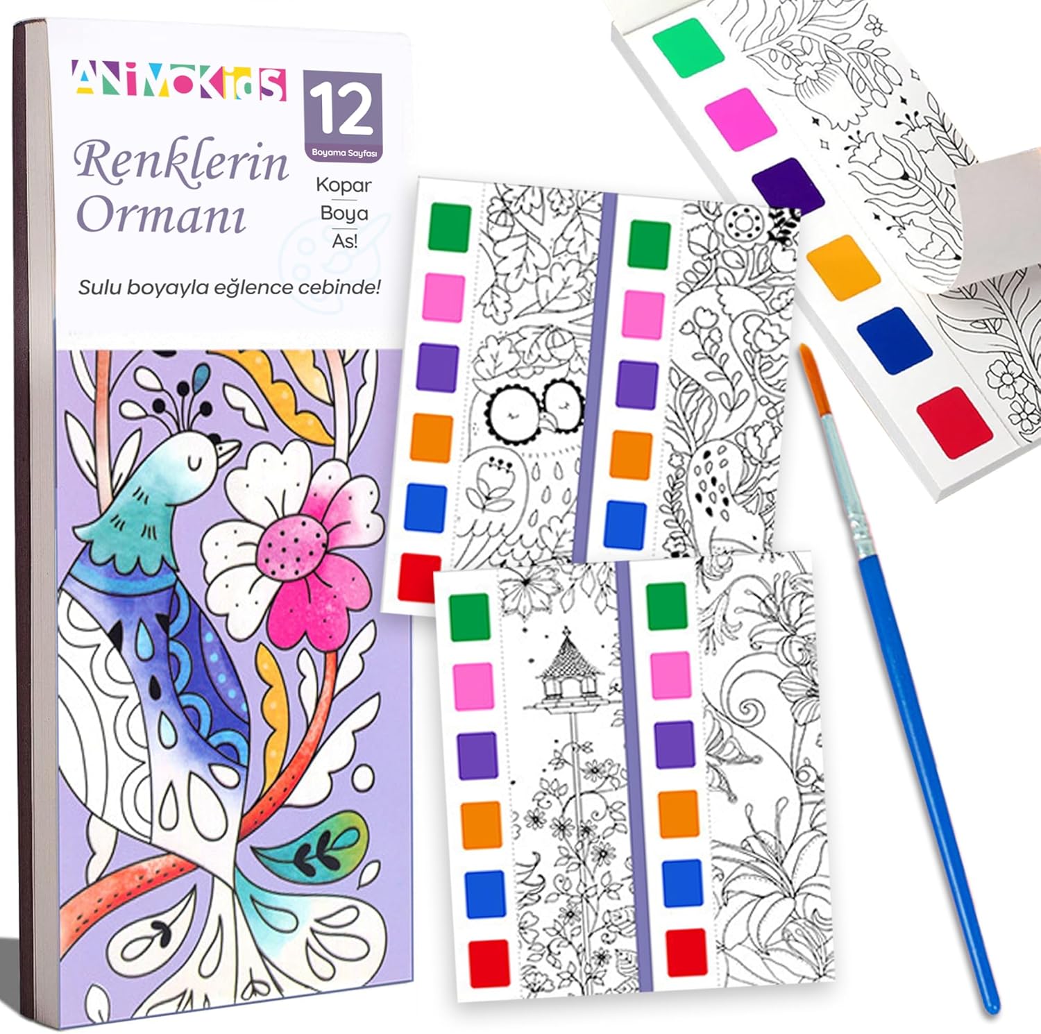 Animokids Color Crawler Watercolor Book  Brush, 12 Page Coloring Book, Activity Coloring Set, New Generation Watercolor Book for Kids Forest of Colors