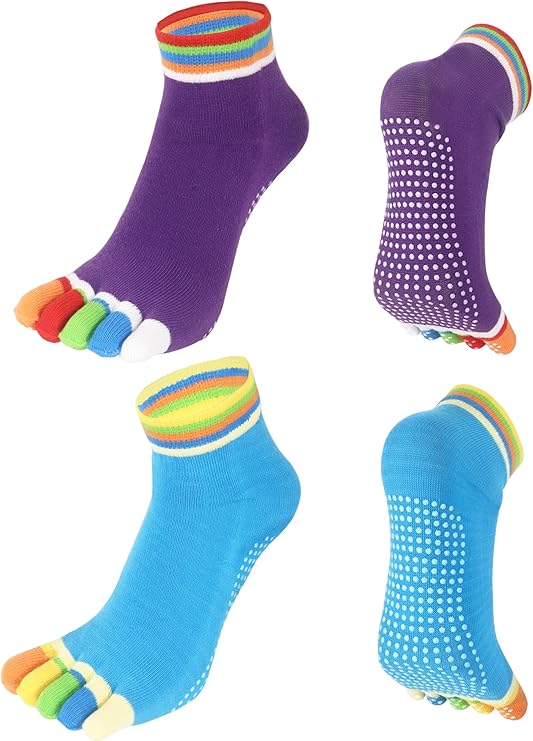 LemonGirl 2 Pairs Non-Slip Yoga Socks for Women Non-Slip Five Toe Full-Toe Socks US 5-7.5 for Pilates, Barre