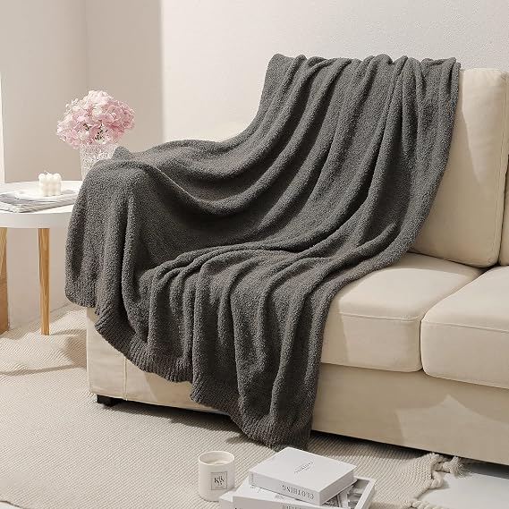 Microfiber Knit Throw Blanket, Solid Knit Fuzzy Pattern, Soft Fluffy Cozy Warm Lightweight, for Sofa Bed Home Decor Carry, 50"x60", Dark Grey