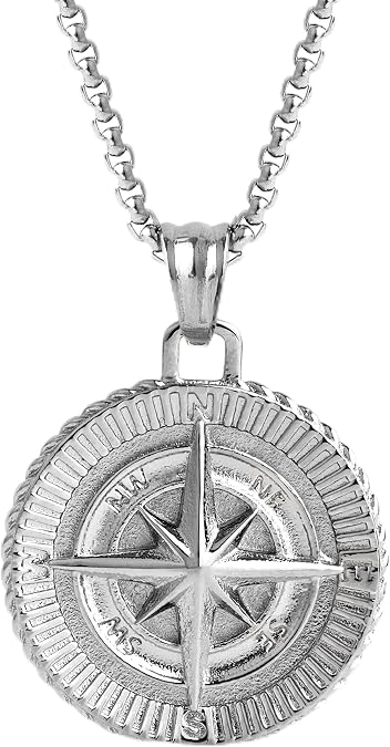 Forge & Foundry Compass Men's Handcrafted Stainless Steel Pendant Chain | Design-Led Artisan Jewelry from London | Adjustable 21" Necklace, Size 21 Inch | Pendant for Men, Men's Necklace, Gift Boxed