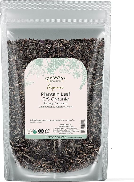 Starwest Botanicals Organic Plantain Leaf - Natural Loose Leaf Herbal Tea, Dried Plantain Herb, Cut & Sifted, Certified Kosher, Non-GMO - 4 oz Bag