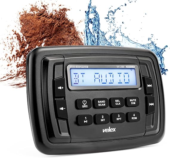 Velex Powersport Marine Stereo Radio AM FM Tuner Stereo 4 x 45W Bluetooth Streaming UTV ATV