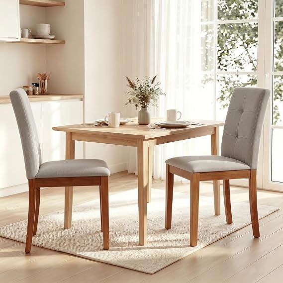 LSSBOUGHT Upholstered Kitchen & Dining Room Chairs with High Back, Linen Fabric Armless Dining Chairs with Solid Wood Legs for Dining Room and Kitchen(Set of 2,Gray)