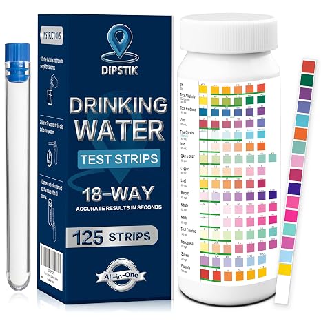 DIPSTIK 18-in-1 Drinking Water Test Strips Pack of 125 Water Test Strips for Drinking Water Quick Test Water Test Strips with Hardness Nitrate Lead Iron Copper