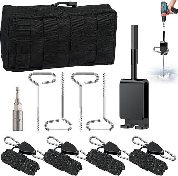 Pawfly 10 Pcs Ice Anchor Tool Kit with Ice Screw Anchors, Tent Guylines, Ice Anchor Drill Adapter & Ice Anchor Drill Attachment, Outdoor Tent Fixing Kit for Winter Camping & Ice Fishing Shelter