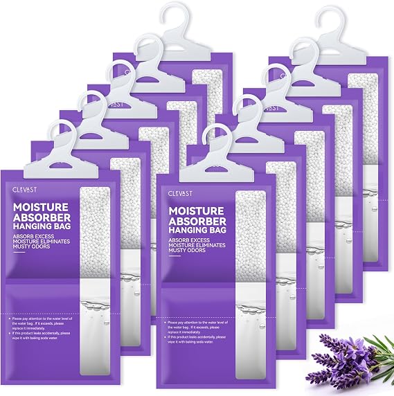 CLEVAST Dehumidifier 10 Pack Lavender Scented Hanging Moisture Absorber Anti Mould for Wardrobe Caravan Basement Bathroom