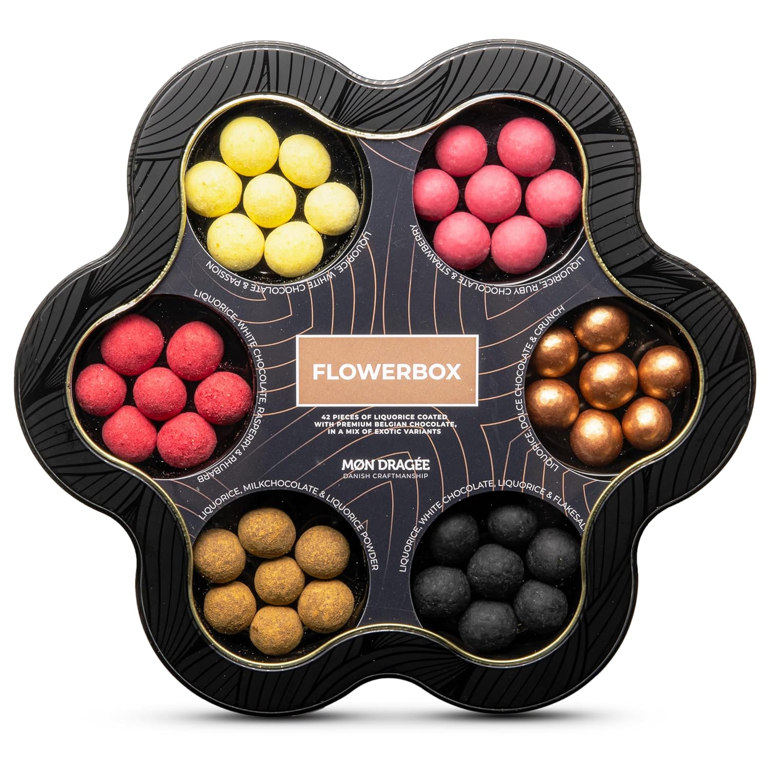 mon dragée flower box 265 g luxury fine food chocolates 6 varieties danish liquorice balls gluten-free chocolate gift box in flower shape elegant gift for lovers of special sweets