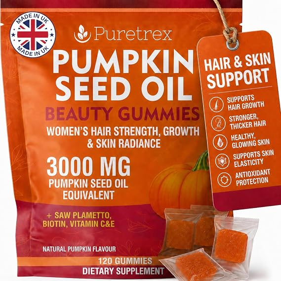 Pumpkin Seed Oil Beauty Gummies 3000mg, Saw Palmetto, Biotin 2500mcg, E