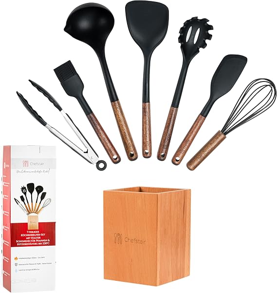 Kitchen Utensil Set - 7-Piece Sustainable & BPA Free FSC-Certified Acacia Wood & Heat Resistant Silicone Anti-Scratch & Dishwasher Safe Perfect for Pans & Pots