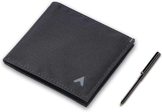 ID Wallet & Pen Bundle | Jet Black, Nylon, RFID Blocking | Slim Minimalist Bifold Wallet | Water Resistant & Durable | Holds 4-12+ Cards, Cash | Stainless Steel Pen