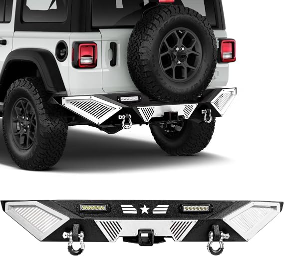 Rear Bumper - Compatible with 2007-2018 JP Wrangler JK/JKU, Off-Road Rock Crawler Full-Width Bumper with LED Lights, 2" Hitch Receiver, D-Rings & DIY White Paintable Armor