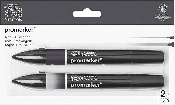 Winsor & Newton ProMarker Set, 2 Count, Black + Blender | Twin-tipped, Broad chisel nib for broad strokes & shading, Fine bullet tip for precision, Alcohol-Based Ink